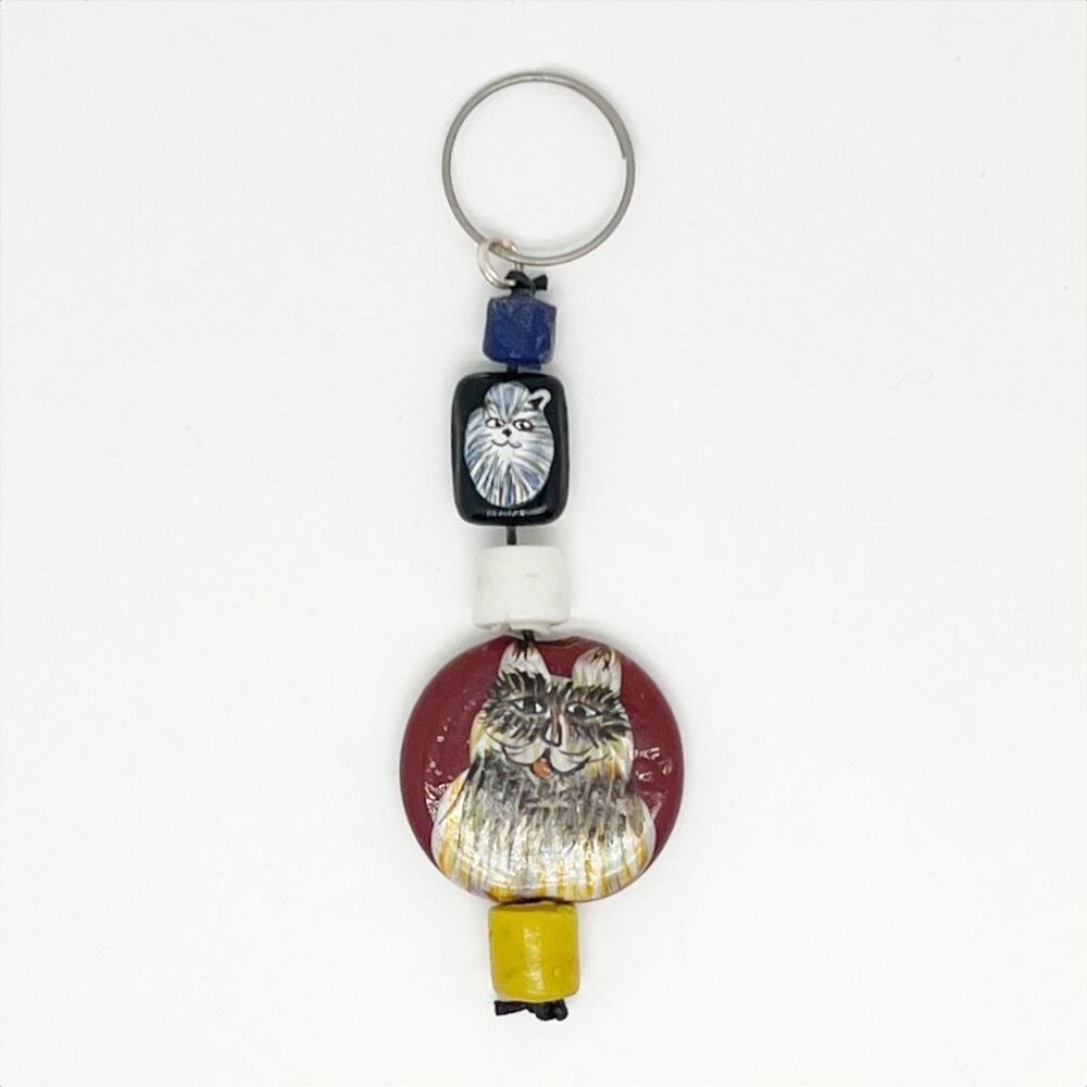 Handmade Painted Cat Bead Keychain Hand Crafted Artisan